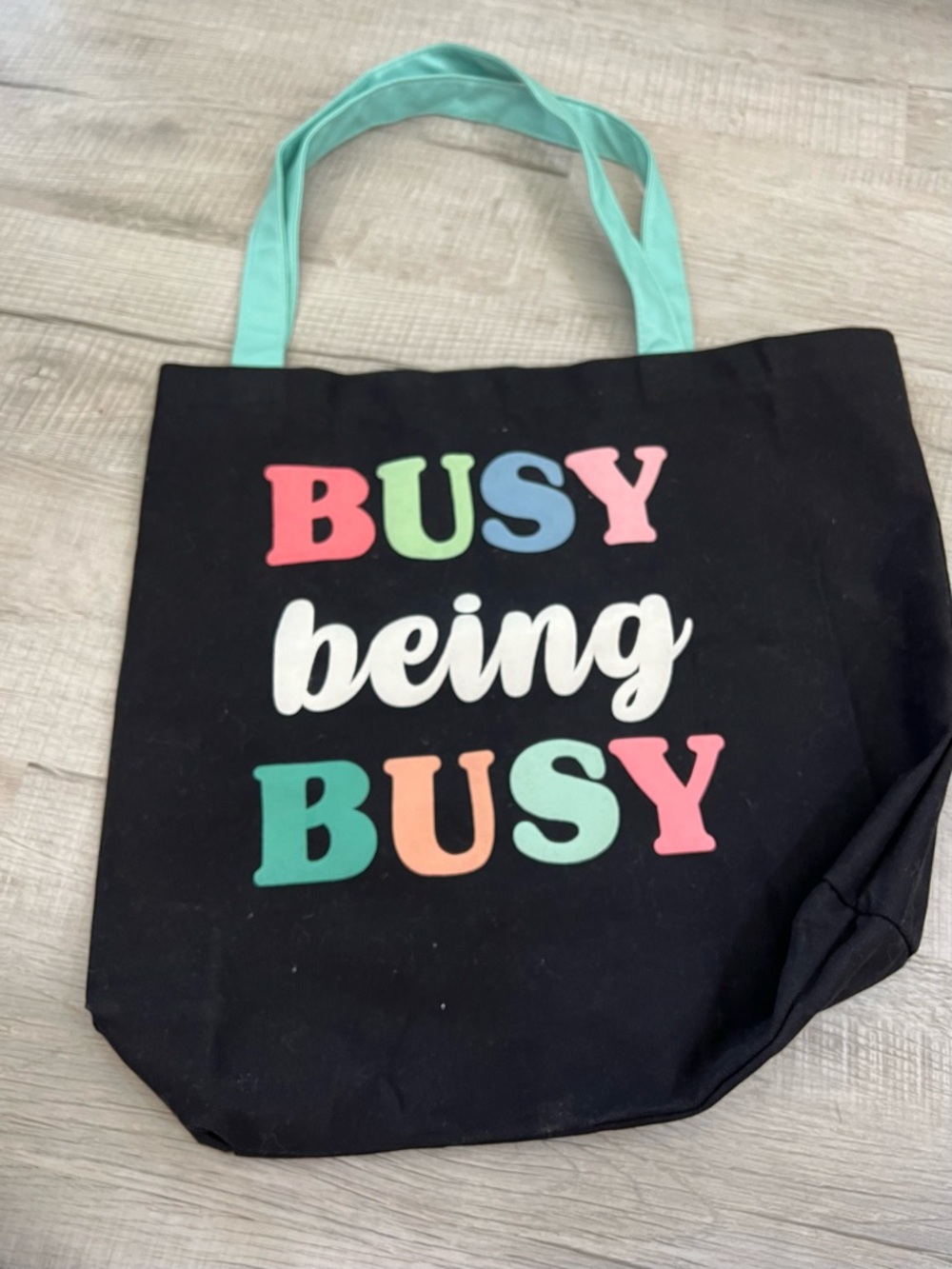 Black Tote Bag with Colorful "Busy Being Busy" Print and Mint Handles